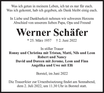 Traueranzeige von Werner Schäfer  von Magdeburger Volksstimme
