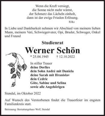 Traueranzeige von Werner Schön  von Magdeburger Volksstimme