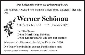 Traueranzeige von Werner Schönau  von Magdeburger Volksstimme