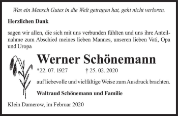 Traueranzeige von Werner Schönemann  von Magdeburger Volksstimme