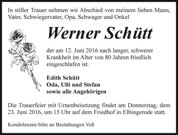 Traueranzeige von Werner Schütt  von Magdeburger Volksstimme