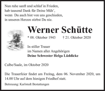 Traueranzeige von Werner Schütte  von Magdeburger Volksstimme