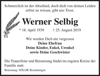 Traueranzeige von Werner Selbig  von Magdeburger Volksstimme