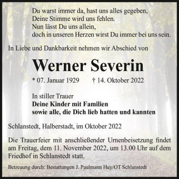 Traueranzeige von Werner Severin  von Magdeburger Volksstimme