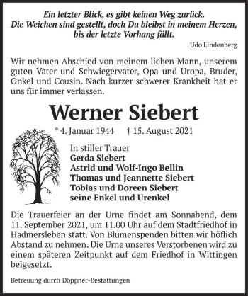 Traueranzeige von Werner Siebert  von Magdeburger Volksstimme