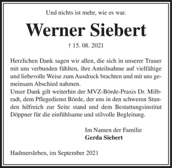 Traueranzeige von Werner Siebert  von Magdeburger Volksstimme