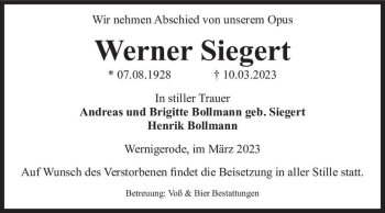 Traueranzeige von Werner Siegert  von Magdeburger Volksstimme