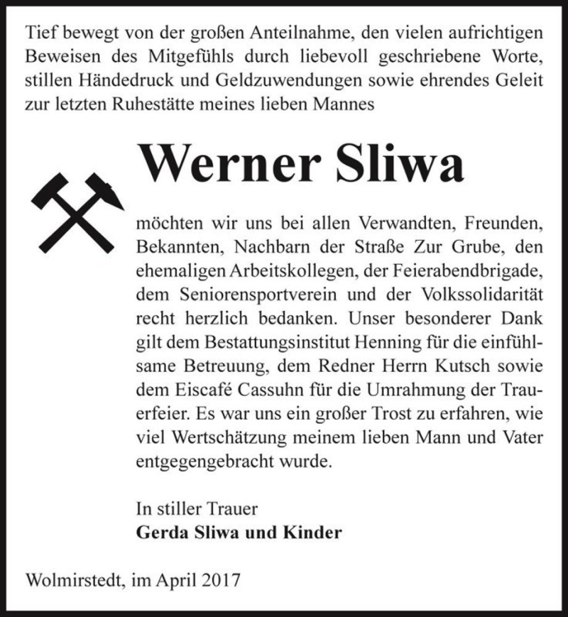  Traueranzeige für Werner Sliwa  vom 12.04.2017 aus Magdeburger Volksstimme