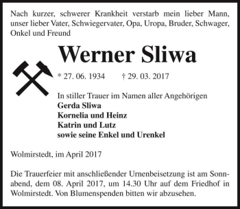 Traueranzeige von Werner Sliwa  von Magdeburger Volksstimme