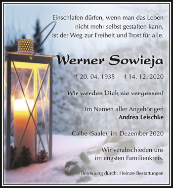 Traueranzeige von Werner Sowieja  von Magdeburger Volksstimme