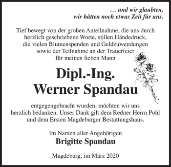Traueranzeige von Werner Spandau  von Magdeburger Volksstimme