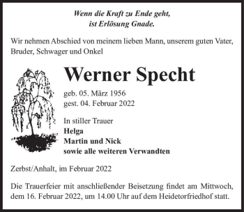 Traueranzeige von Werner Specht  von Magdeburger Volksstimme
