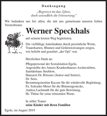 Traueranzeige von Werner Speckhals  von Magdeburger Volksstimme