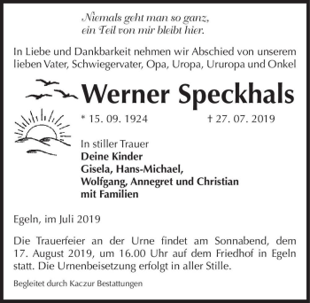 Traueranzeige von Werner Speckhals  von Magdeburger Volksstimme