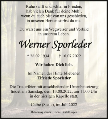 Traueranzeige von Werner Sporleder  von Magdeburger Volksstimme