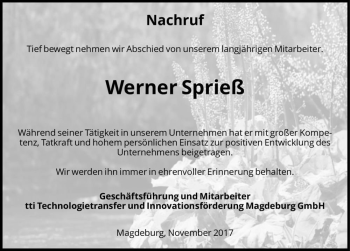 Traueranzeige von Werner Sprieß  von Magdeburger Volksstimme