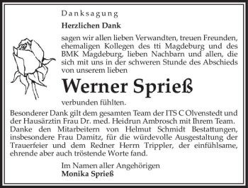 Traueranzeige von Werner Sprieß  von Magdeburger Volksstimme