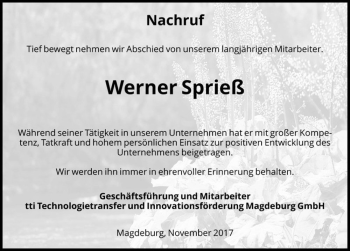 Traueranzeige von Werner Sprieß  von Magdeburger Volksstimme