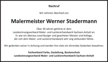 Traueranzeige von Werner Stadermann  von Magdeburger Volksstimme