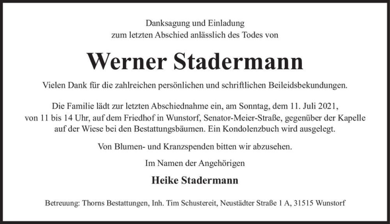  Traueranzeige für Werner Stadermann  vom 03.07.2021 aus Magdeburger Volksstimme
