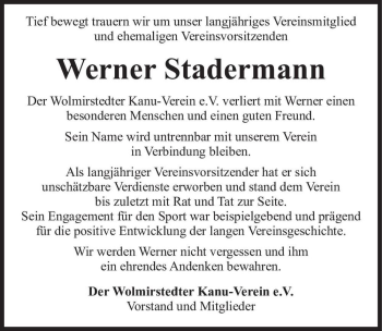 Traueranzeige von Werner Stadermann  von Magdeburger Volksstimme