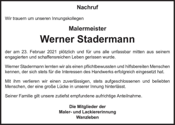 Traueranzeige von Werner Stadermann  von Magdeburger Volksstimme