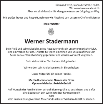 Traueranzeige von Werner Stadermann  von Magdeburger Volksstimme