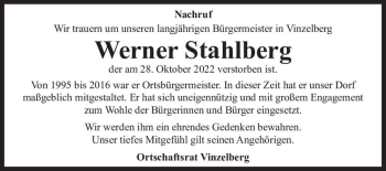 Traueranzeige von Werner Stahlberg  von Magdeburger Volksstimme