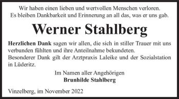 Traueranzeige von Werner Stahlberg  von Magdeburger Volksstimme