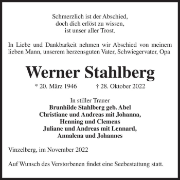 Traueranzeige von Werner Stahlberg  von Magdeburger Volksstimme