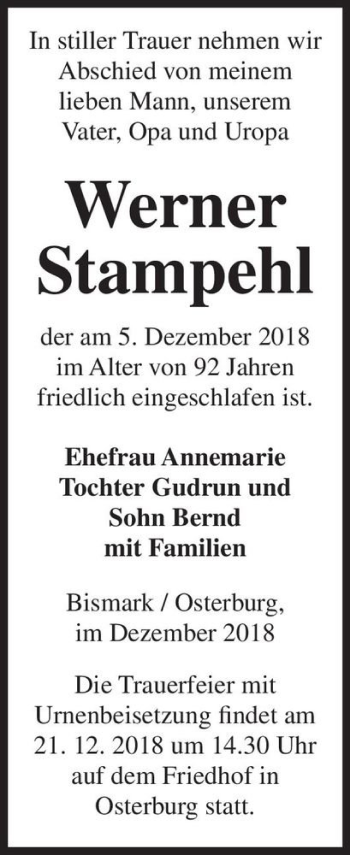 Traueranzeige von Werner Stampehl  von Magdeburger Volksstimme