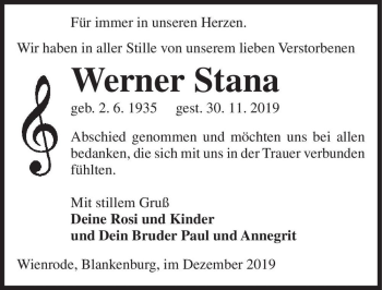 Traueranzeige von Werner Stana  von Magdeburger Volksstimme