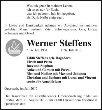 Traueranzeige von Werner Steffens  von Magdeburger Volksstimme