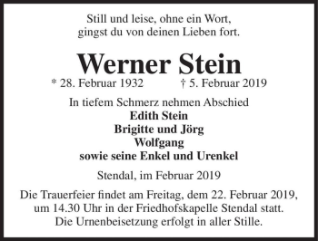 Traueranzeige von Werner Stein  von Magdeburger Volksstimme