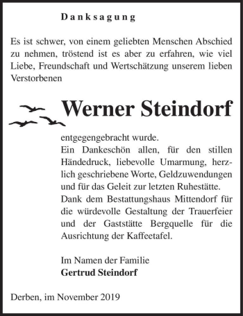 Traueranzeige von Werner Steindorf  von Magdeburger Volksstimme