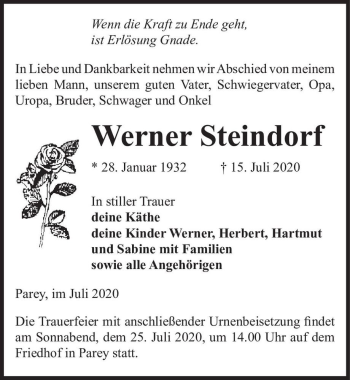 Traueranzeige von Werner Steindorf  von Magdeburger Volksstimme