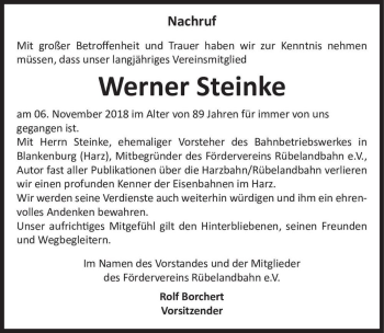 Traueranzeige von Werner Steinke  von Magdeburger Volksstimme