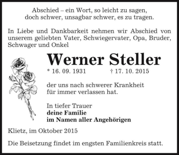 Traueranzeige von Werner Steller  von Magdeburger Volksstimme