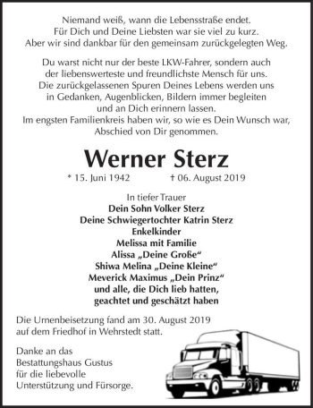 Traueranzeige von Werner Sterz  von Magdeburger Volksstimme