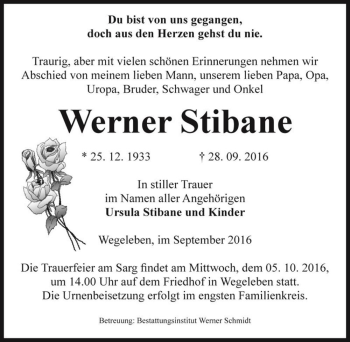 Traueranzeige von Werner Stibane  von Magdeburger Volksstimme