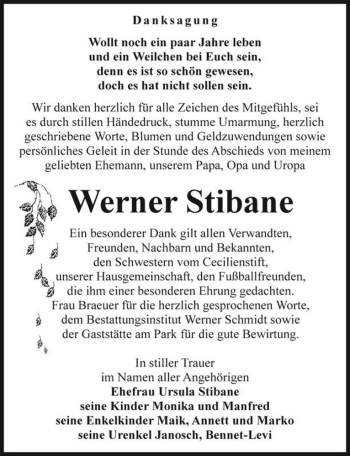 Traueranzeige von Werner Stibane  von Magdeburger Volksstimme