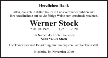 Traueranzeige von Werner Stock  von Magdeburger Volksstimme
