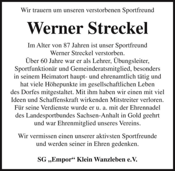 Traueranzeige von Werner Streckel  von Magdeburger Volksstimme