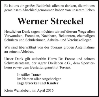Traueranzeige von Werner Streckel  von Magdeburger Volksstimme