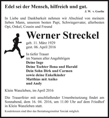 Traueranzeige von Werner Streckel  von Magdeburger Volksstimme
