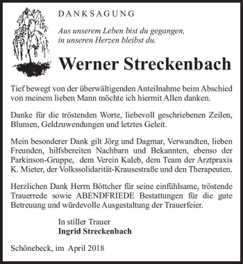 Traueranzeige von Werner Streckenbach  von Magdeburger Volksstimme