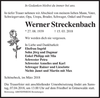 Traueranzeige von Werner Streckenbach  von Magdeburger Volksstimme