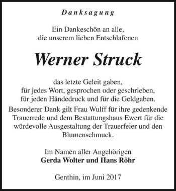 Traueranzeige von Werner Struck  von Magdeburger Volksstimme