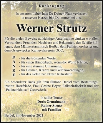 Traueranzeige von Werner Strutz  von Magdeburger Volksstimme