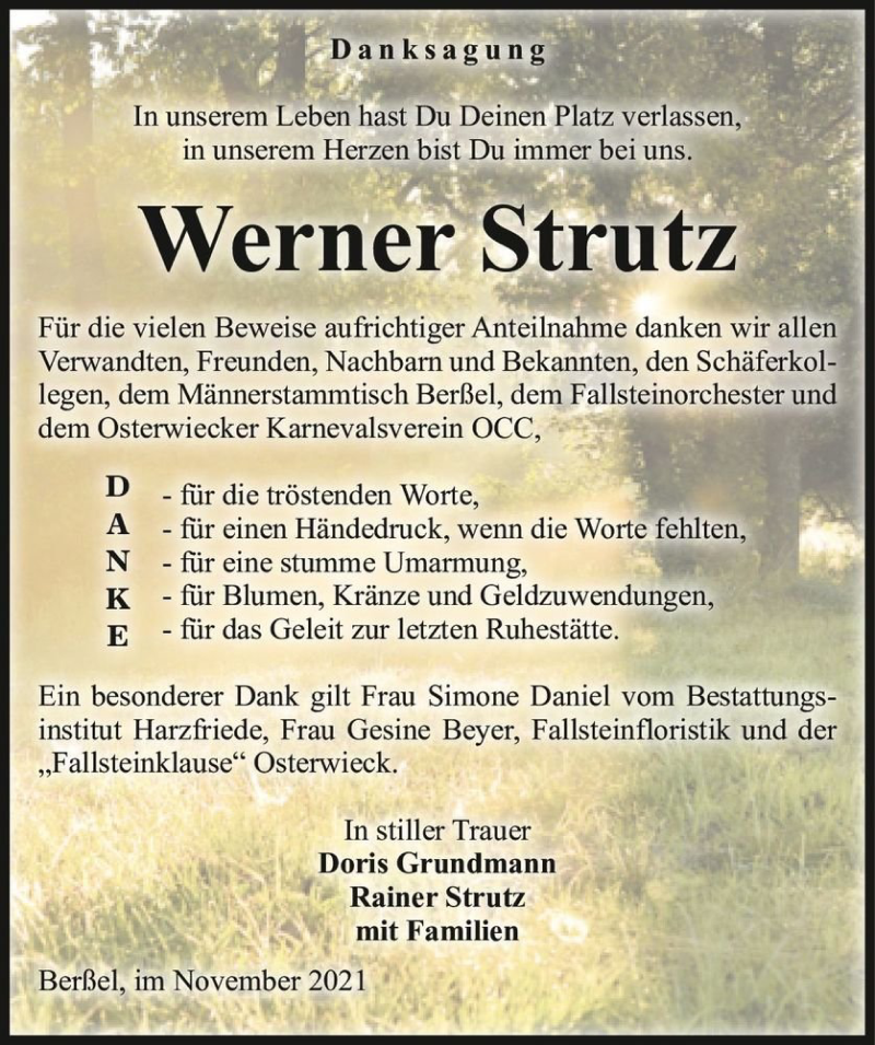  Traueranzeige für Werner Strutz  vom 13.11.2021 aus Magdeburger Volksstimme